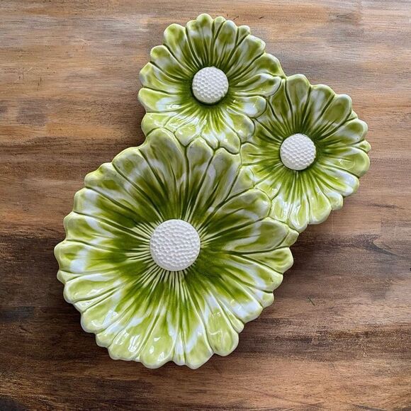 Vintage Santa Anita Green Floral Tray 3 Section Flower Plate MCM - Picture 1 of 7